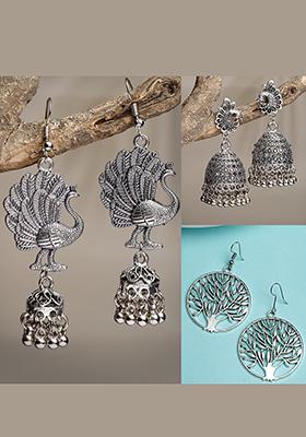 Silver Set Of 3 Toned German Oxidised Dome Shaped Jhumka Earrings