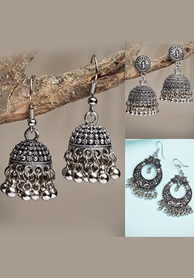 Silver Set Of 3 Toned German Oxidised Dome Shaped Jhumka Earrings