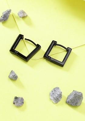 Black Men Rhodium Plated Geometric Shape Stainless Steel Hoop Earrings