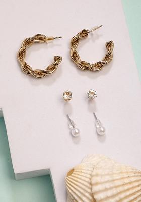 Gold Set Of 3 Gold Plated Artificial Stones Half Hoop Earrings