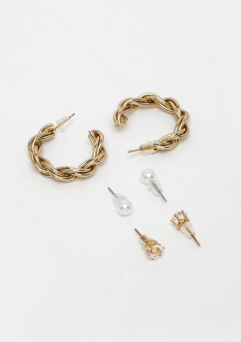 Gold Set Of 3 Gold Plated Artificial Stones Half Hoop Earrings