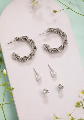 Silver Set Of 3 Plated Artificial Stones Half Hoop Earrings