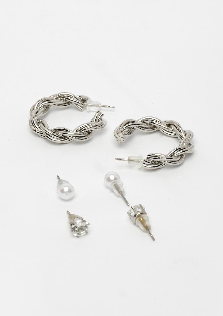 Silver Set Of 3 Plated Artificial Stones Half Hoop Earrings