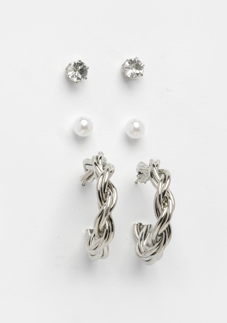 Silver Set Of 3 Plated Artificial Stones Half Hoop Earrings