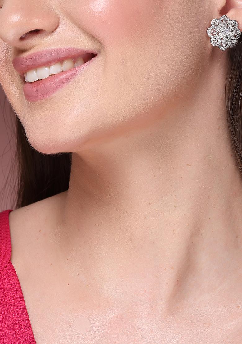 Silver Plated Ad Studded Circular Shaped Studs Earring