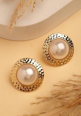 Gold Gold Plated White Pearl Circular Shape Studs Earring