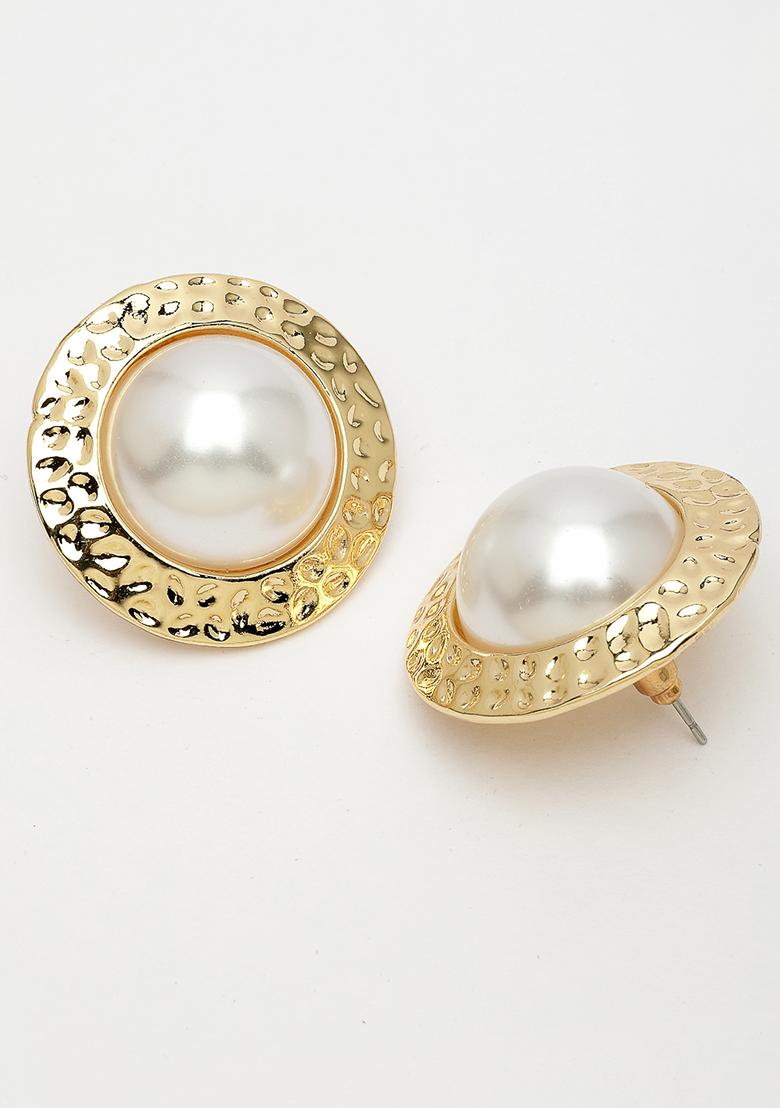 Gold Gold Plated White Pearl Circular Shape Studs Earring