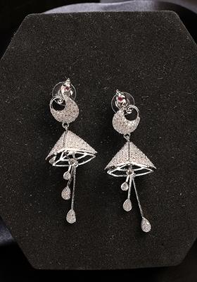 Silver Womes Plated Ad Studded Peacock Shaped Drop Earrings