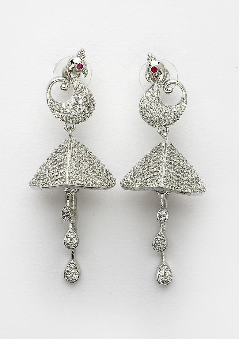 Silver Womes Plated Ad Studded Peacock Shaped Drop Earrings