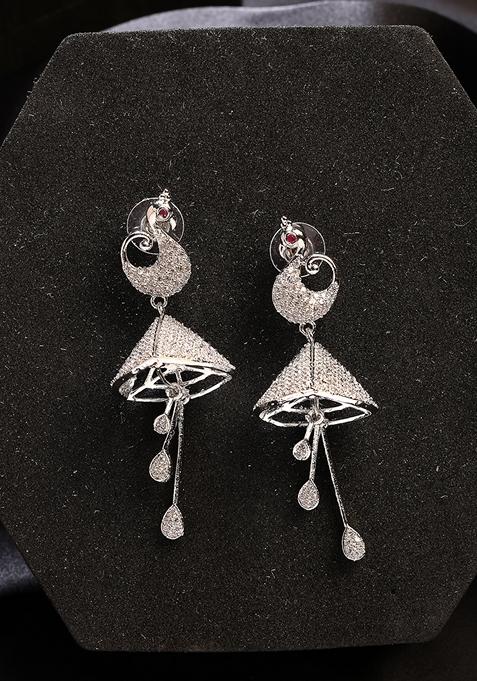 Silver Womes Plated Ad Studded Peacock Shaped Drop Earrings