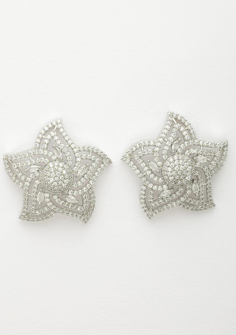 Silver Womes Plated Ad Studded Star Shaped Contemporary Stud Earrings