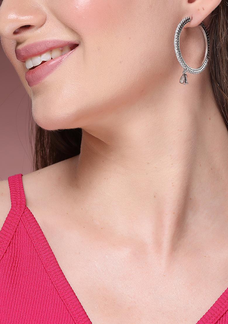 Silver Toned Ad Studded Handcrafted Circular Hoop Earrings