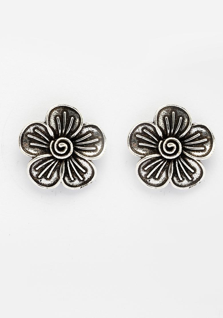 Silver Plated Oxidized Floral Shape Stud Earrings