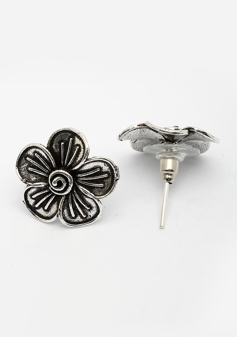 Silver Plated Oxidized Floral Shape Stud Earrings