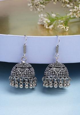Silver German Oxidized Floral Design Jhumka Earrings