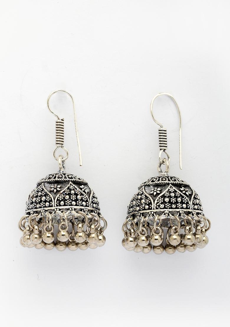 Silver German Oxidized Floral Design Jhumka Earrings
