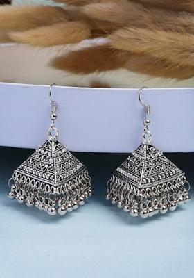 Silver Triangular Shaped Hook Plating Oxidized Jhumka Earrings