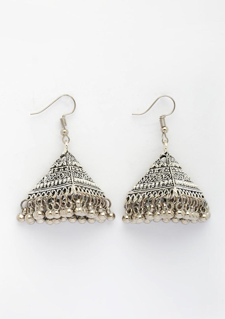 Silver Triangular Shaped Hook Plating Oxidized Jhumka Earrings
