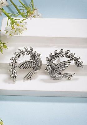 Silver Toned Oxidized Pigeon Design Drop Earrings