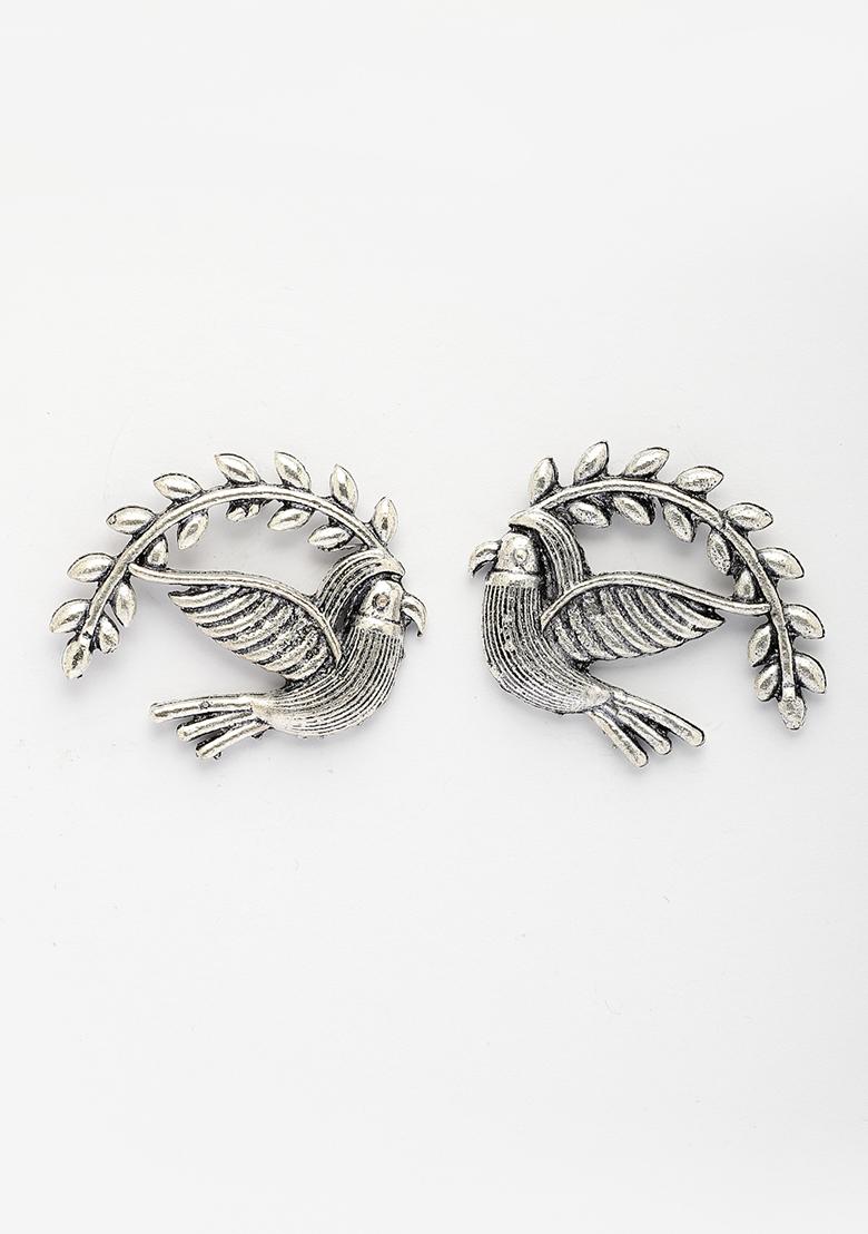 Silver Toned Oxidized Pigeon Design Drop Earrings