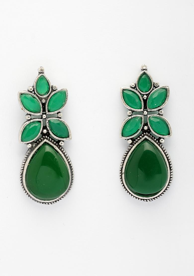Green Artificial Stones Silver Plated Drop Earrings