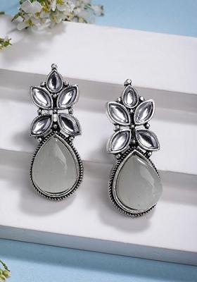 White Artificial Stones Silver Plated Drop Earrings