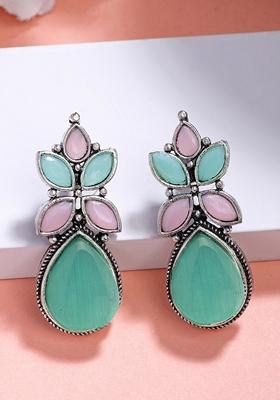 Green & Pink Artificial Stones Silver Plated Drop Earrings