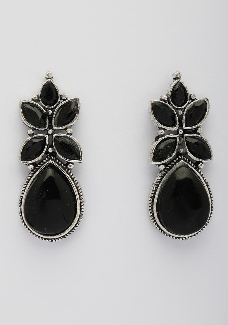 Black Artificial Stones Silver Plated Drop Earrings
