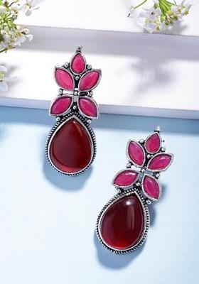 Red Artificial Stones Silver Plated Drop Earrings