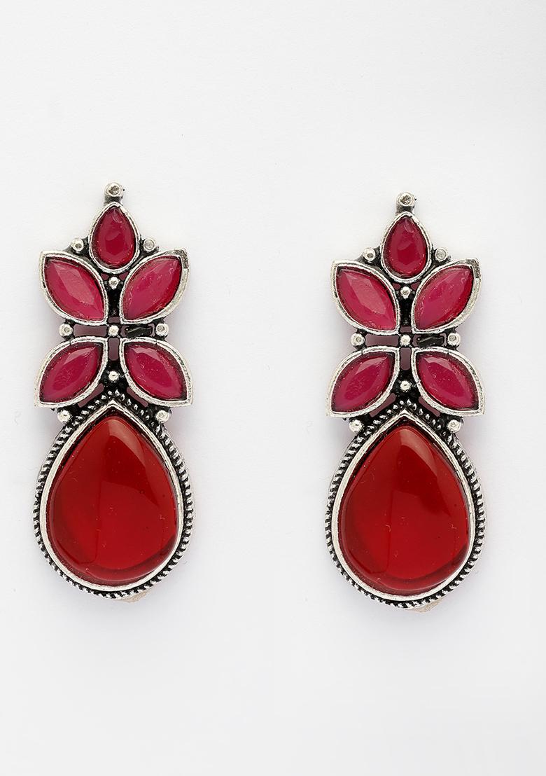 Red Artificial Stones Silver Plated Drop Earrings