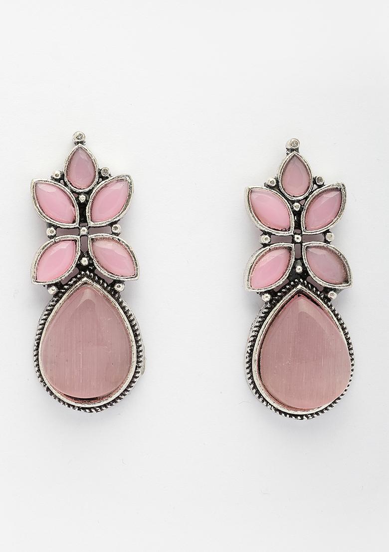 Pink Artificial Stones Silver Plated Drop Earrings