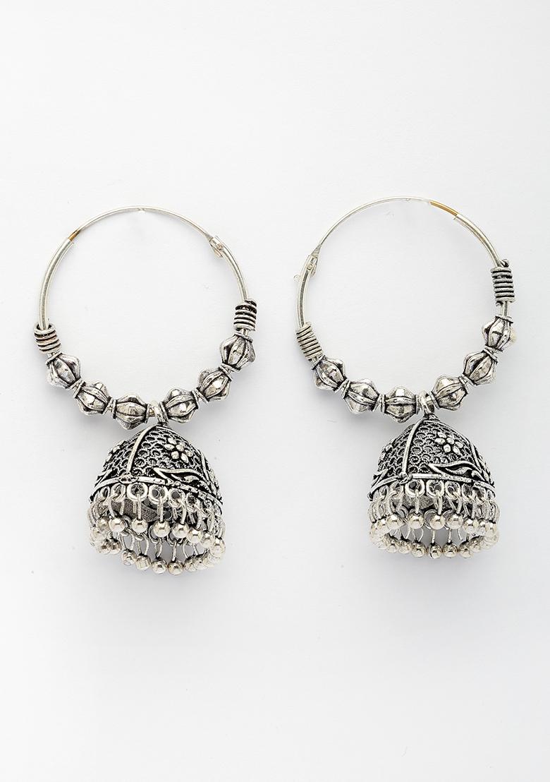 Silver Plated Oxidized Contemporary Jhumka Earrings