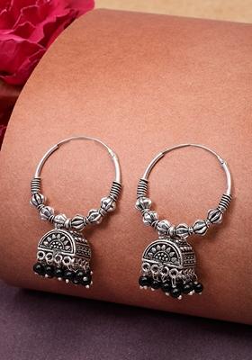 Silver Oxidized Plated Black Artificial Beads Jhumka Earrings
