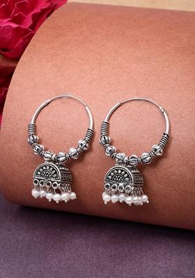 Silver Oxidized Plated White Artificial Beads Jhumka Earrings