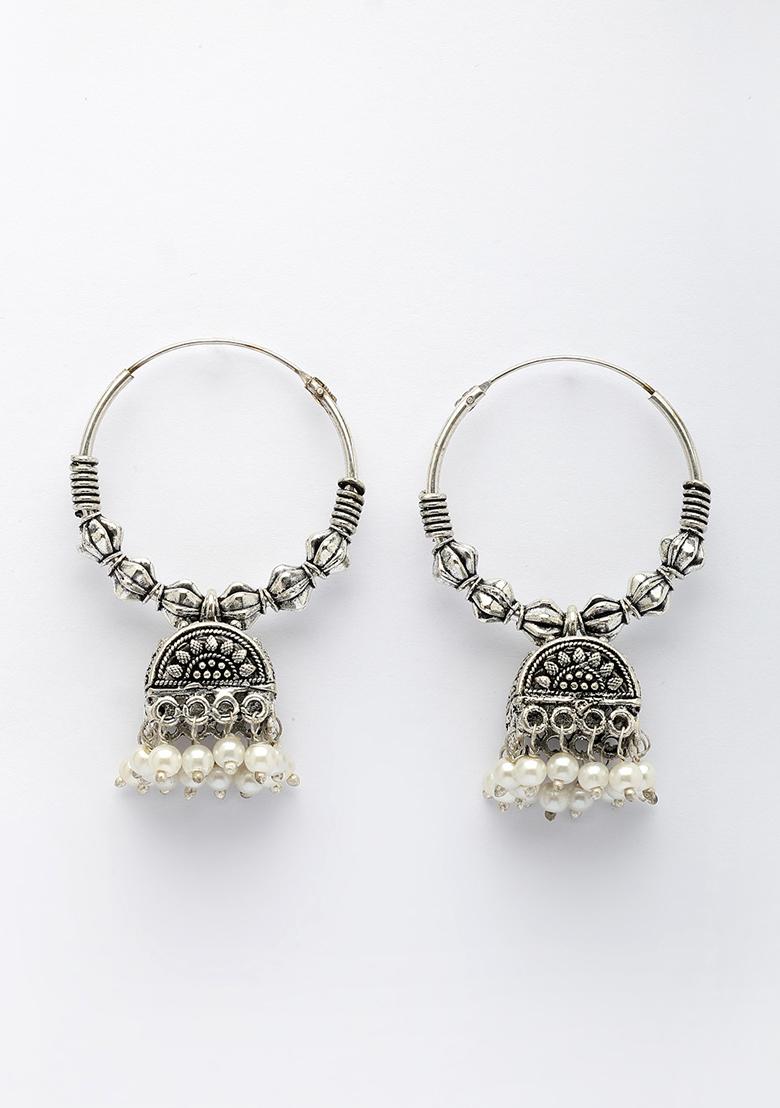 Silver Oxidized Plated White Artificial Beads Jhumka Earrings