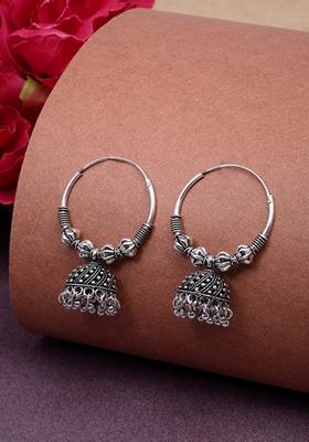 Silver Ethnic Plated Oxidized Circle Jhumka Earrings
