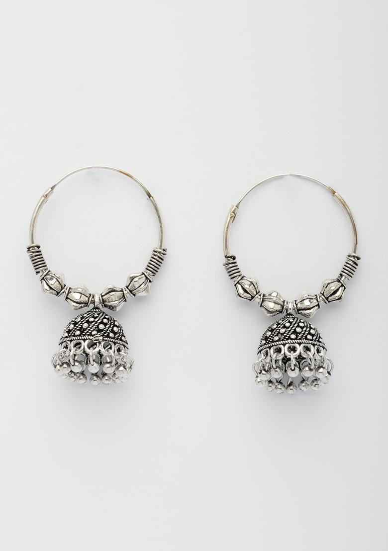 Silver Ethnic Plated Oxidized Circle Jhumka Earrings