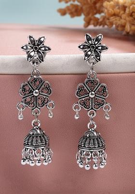 Silver Toned Oxidized Floral Design Jhumka Earrings