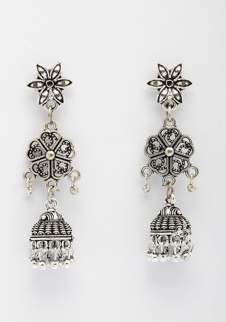 Silver Toned Oxidized Floral Design Jhumka Earrings