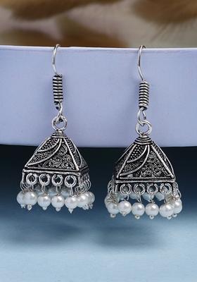 Silver Oxidized Plated White Artificial Beads Jhumka Earrings