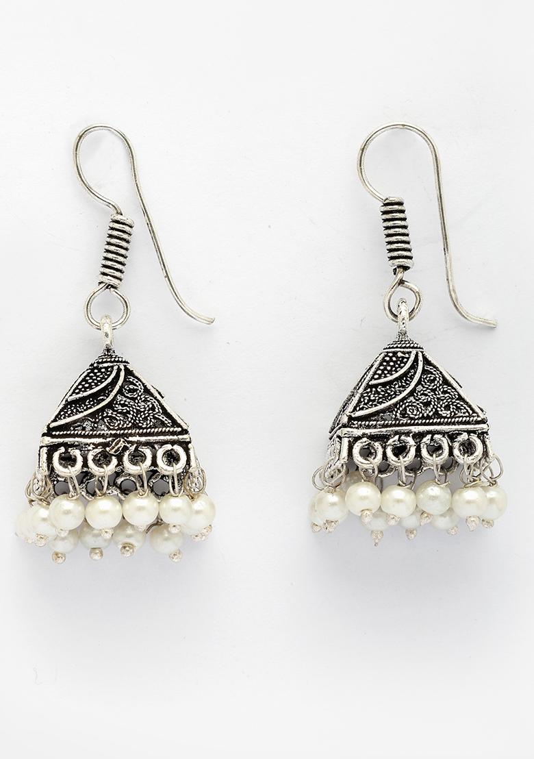 Silver Oxidized Plated White Artificial Beads Jhumka Earrings