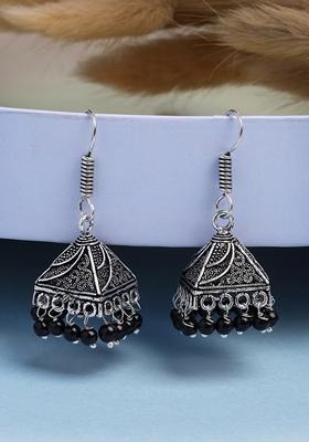 Silver Oxidized Plated Black Artificial Beads Jhumka Earrings