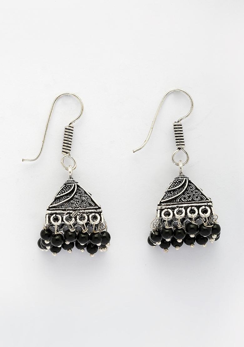 Silver Oxidized Plated Black Artificial Beads Jhumka Earrings