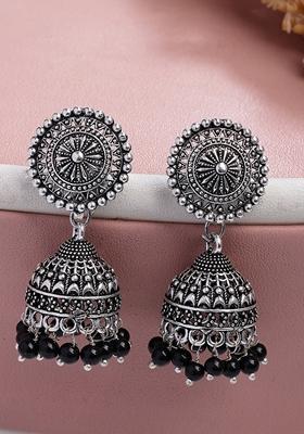 Silver Oxidized Plated Black Artificial Beads Jhumka Earrings