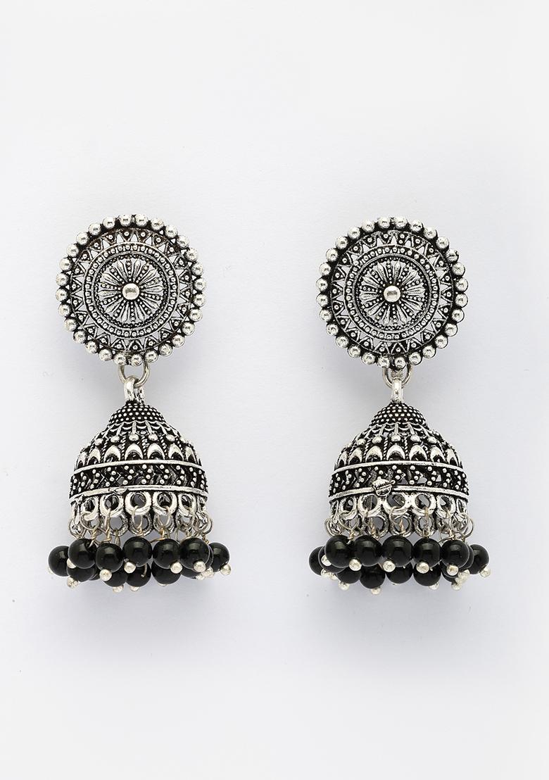 Silver Oxidized Plated Black Artificial Beads Jhumka Earrings