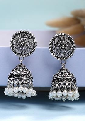 Silver Oxidized Plated White Artificial Beads Jhumka Earrings