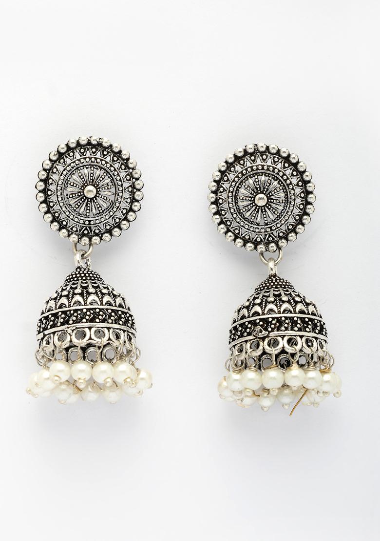 Silver Oxidized Plated White Artificial Beads Jhumka Earrings