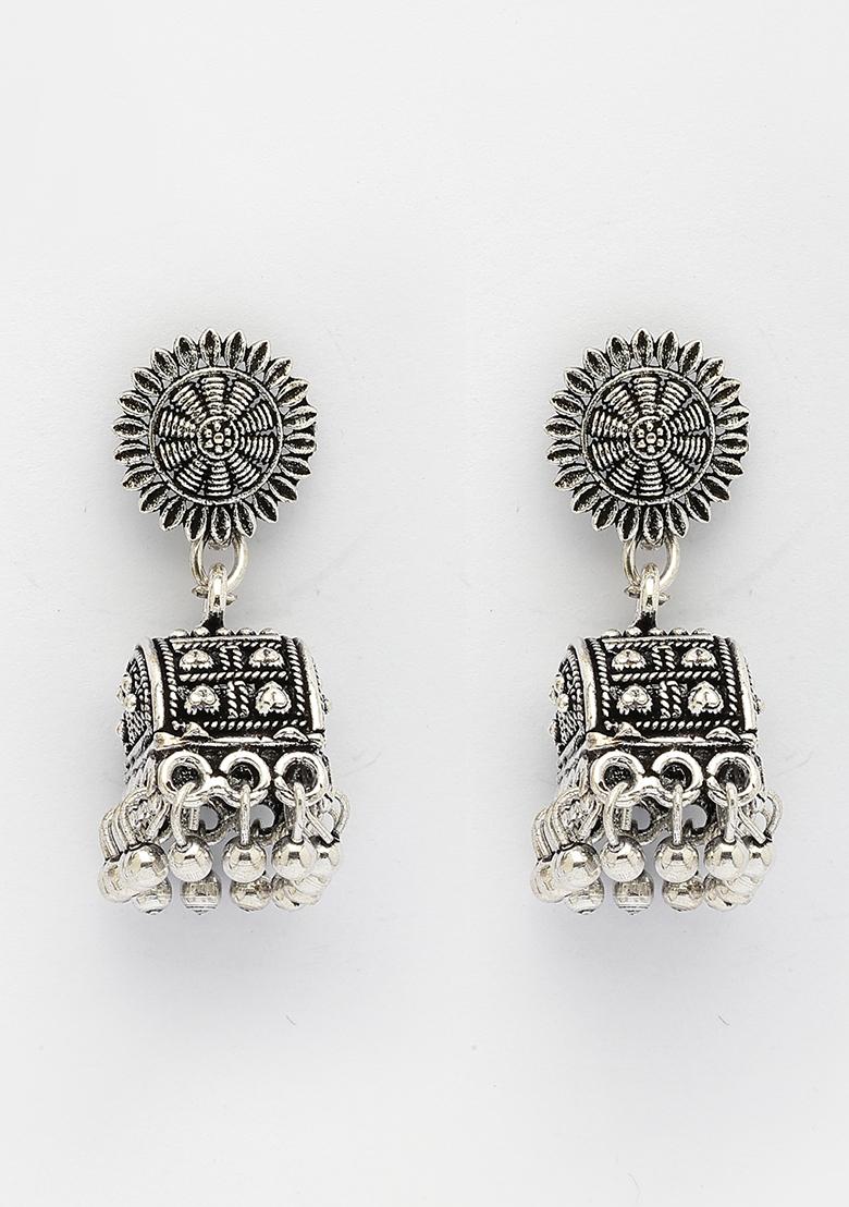 Silver Plated Oxidized Contemporary Jhumkas Earrings