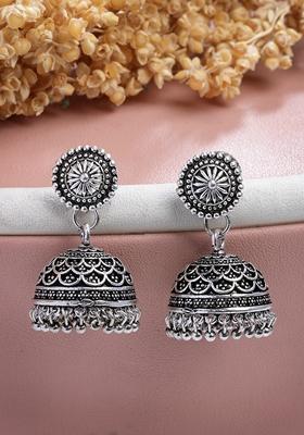 Silver Plated Round Shape Oxidized Traditional Jhumka Earrings