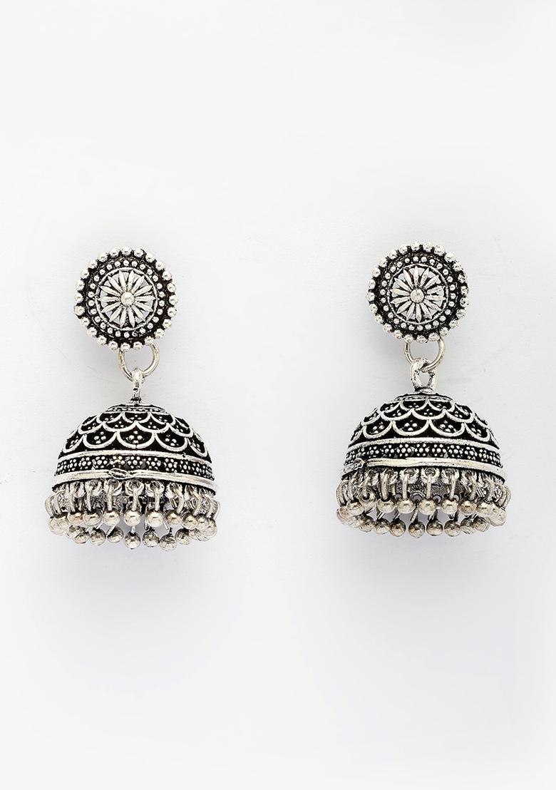 Silver Plated Round Shape Oxidized Traditional Jhumka Earrings